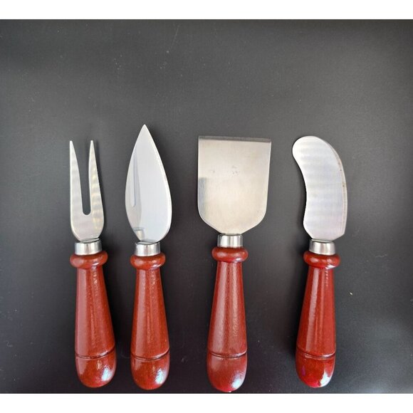 4-Piece Stainless Steel Cheese Knife Set With Red Wooden Handles Charcuterie - Picture 3 of 7